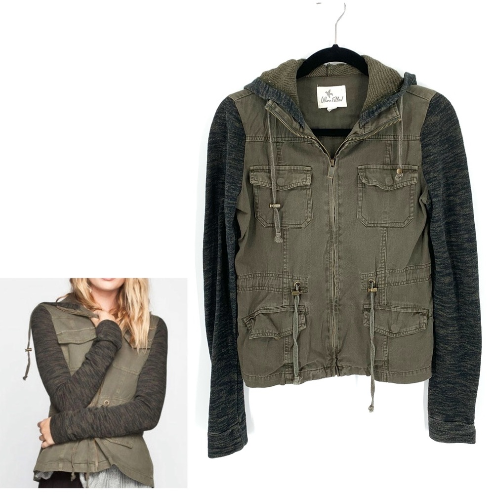 Others Follow Olive Green and Charcoal Knit Sleeve Utility Jacket